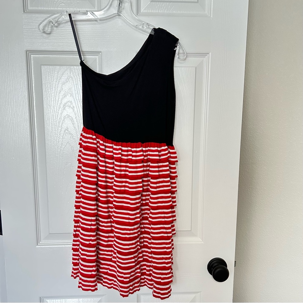 Asymmetrical One-Shoulder Black and Red/White Stripe Sundress Size 12